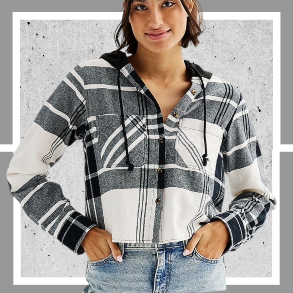 NWT 2XL Cropped Plaid Button Up Hoodie w 2 Pockets & High Low Hemline - Picture 2 of 16
